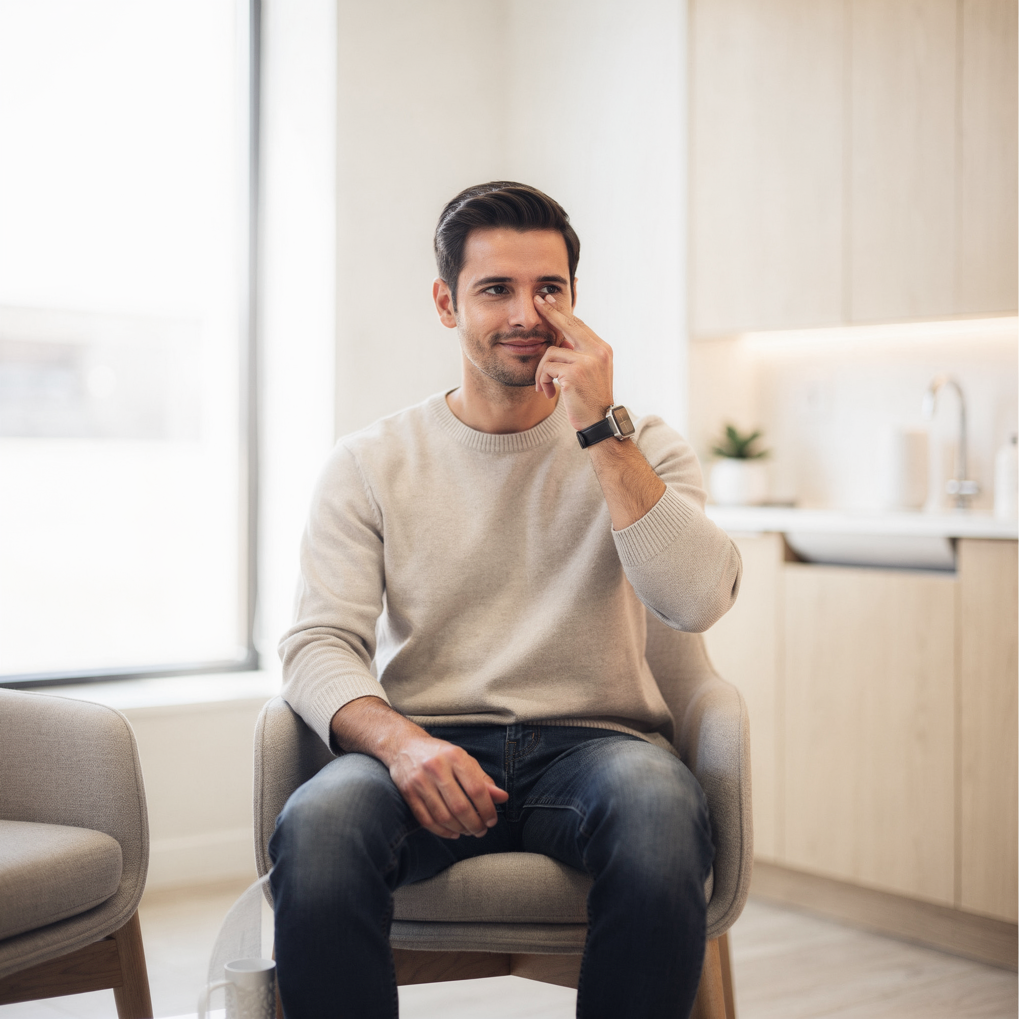Man touching his nose while sitting in a modern medical office waiting room